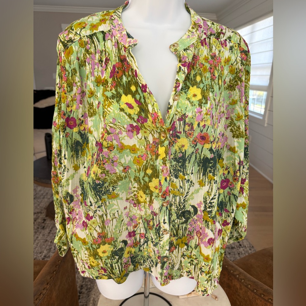 Anthropology Pilcro Floral Button-Front Blouse in Green, Yellow & Pink